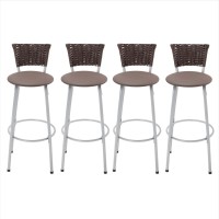 Conjunto 4 Banquetas Altas Prateadas com Encosto de Junco Sintético Argila e Assento Acolchoado para Bancada Gourmet