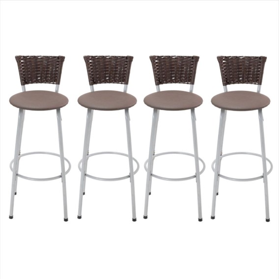 Conjunto 4 Banquetas Altas Prateadas com Encosto de Junco Sintético Argila e Assento Acolchoado para Bancada Gourmet Conjunto 4 Banquetas Altas Prateadas com Encosto de Junco Sintético Argila e Assento Acolchoado para Bancada Gourmet