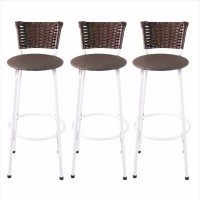 Kit com 3 Banquetas Altas para Cozinha Americana Estrutura em Aço Branco Encosto Juncado Junco Argila e Assento Confortável