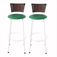 Conjunto 2 Banquetas Altas Aço Branco com Encosto Juncado em Junco Argila e Assento Estofado para Bancada Cozinha e Balcão Gourmet