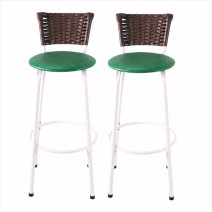 Conjunto 2 Banquetas Altas Aço Branco com Encosto Juncado em Junco Argila e Assento Estofado para Bancada Cozinha e Balcão Gourmet