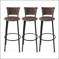 Kit 3 Banquetas Altas Aço Preto com Encosto Juncado em Junco Argila Assento Estofado para Cozinha Americana Balcão e Área Gourmet