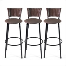 Kit 3 Banquetas Altas Aço Preto com Encosto Juncado em Junco Argila Assento Estofado para Cozinha Americana Balcão e Área Gourmet