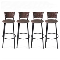 Kit 4 Banquetas Altas Modernas em Aço Preto com Encosto Revestido em Junco Argila Assento Estofado para Balcão de Cozinha e Área Gourmet