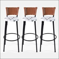 3 Banquetas Altas com Encosto em Junco Sintético Cappuccino para Bancada Cozinha Americana Bar e Área Gourmet