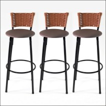 Conjunto 3 Banquetas Altas Pretas com Junco Imbuia para Balcão Cozinha e Varanda Gourmet