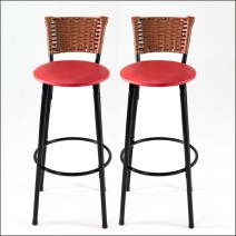 Jogo com 2 Banquetas Altas para Bancada de Cozinha com Encosto em Junco Cappuccino e Estrutura em Aço