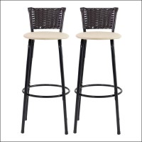 Conjunto com 2 Banquetas Altas Estrutura em Aço Preto Encosto Trançado Junco Café Assento Confortável para Bancada de Cozinha