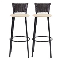 Conjunto com 2 Banquetas Altas Estrutura em Aço Preto Encosto Trançado Junco Café Assento Confortável para Bancada de Cozinha