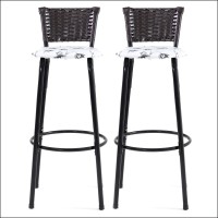 Kit 2 Banquetas Altas Aço Preto com Encosto Juncado Junco Café Assento Estofado para Cozinha e Área Gourmet